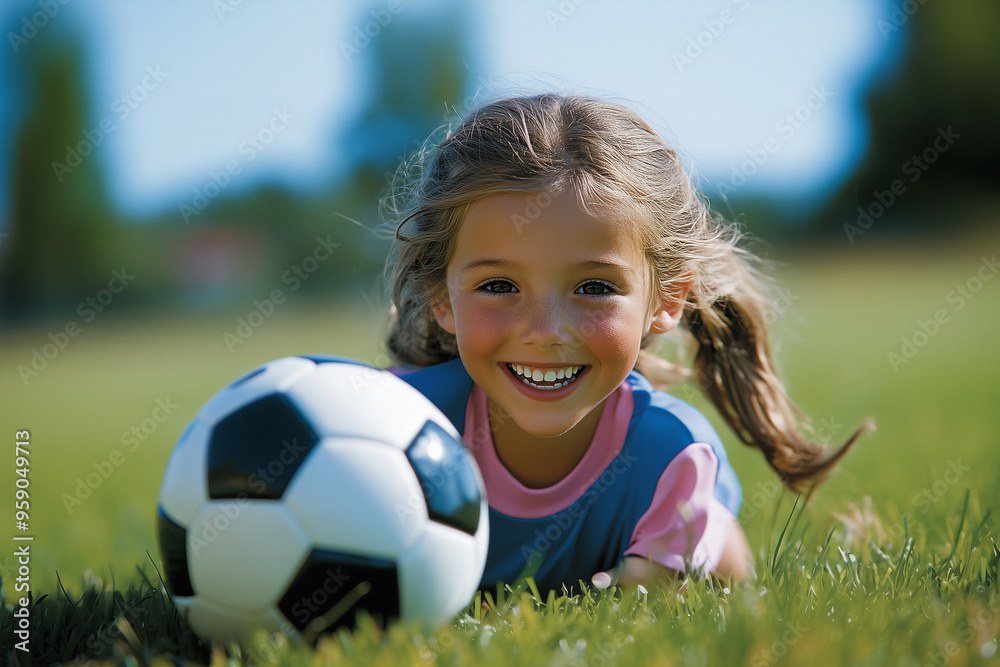 A joyful girl is playing soccer on grass, smiling brightly while lying next to soccer ball. Her enthusiasm for game is evident in her expression. A joyful girl is playing soccer on grass, smiling brightly while lying next to soccer ball. Her enthusiasm for game is evident in her expression.