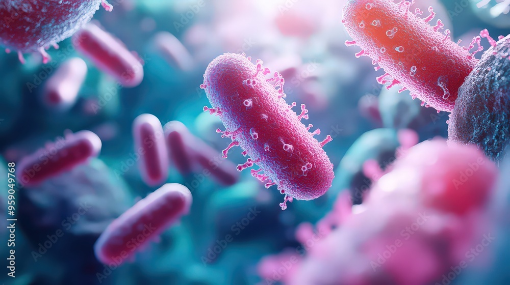 microscopic view of pink bacteria floating in a blue environment, showcasing the complexity of microbial life in a vibrant, scientific perspective. microscopic view of pink bacteria floating in a blue environment, showcasing the complexity of microbial life in a vibrant, scientific perspective.