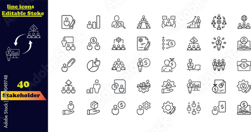 Editable Stroke Icon Set for Stakeholders. This collection features icons representing various stakeholders such as businesses, teamwork, trade unions, suppliers, managers, leaders, government,