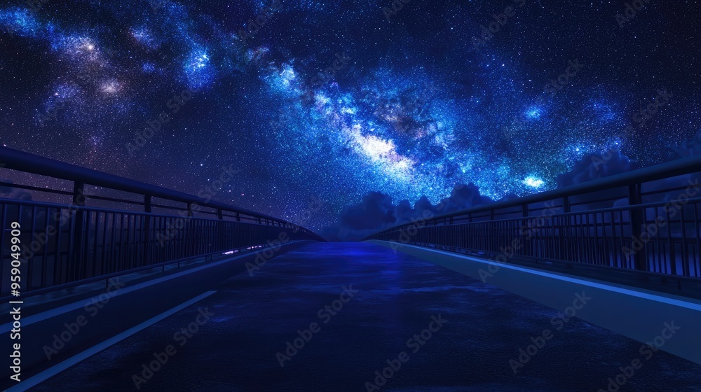 Fototapeta premium Night view of the Milky Way in a vast universe above a road and bridge depicted in 3D cartoon style