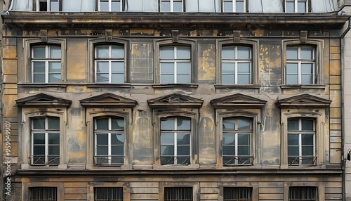 The exterior of an ancient building shows classic windows and elegant structure, revealing the vicissitudes of time and the depth of history. photo