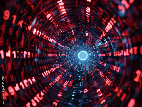 Abstract digital tunnel with glowing red and blue numbers.  A futuristic concept for technology, data, or the internet.