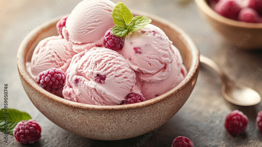  bowl of raspberry ice cream garnished with fresh raspberries and mint, creating a vibrant, fruity dessert that combines sweetness and freshness.