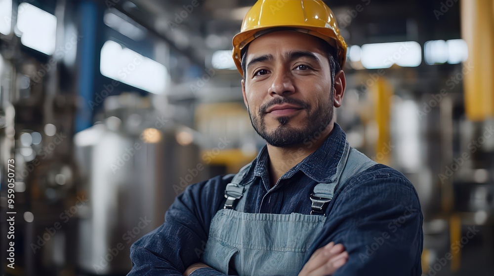 smiling industrial worker with a hard hat and apron stands proudly in a factory, embodying dedication and professionalism in his work environment. smiling industrial worker with a hard hat and apron stands proudly in a factory, embodying dedication and professionalism in his work environment.