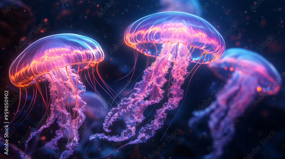 A glowing jellyfish with an underwater background, glowing in shades of blue and pink against the dark sea backdrop