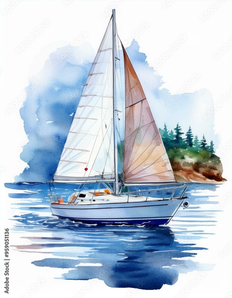Fototapeta premium Sailing boat on the surface of the water. Set of watercolor illustrations. Yacht
