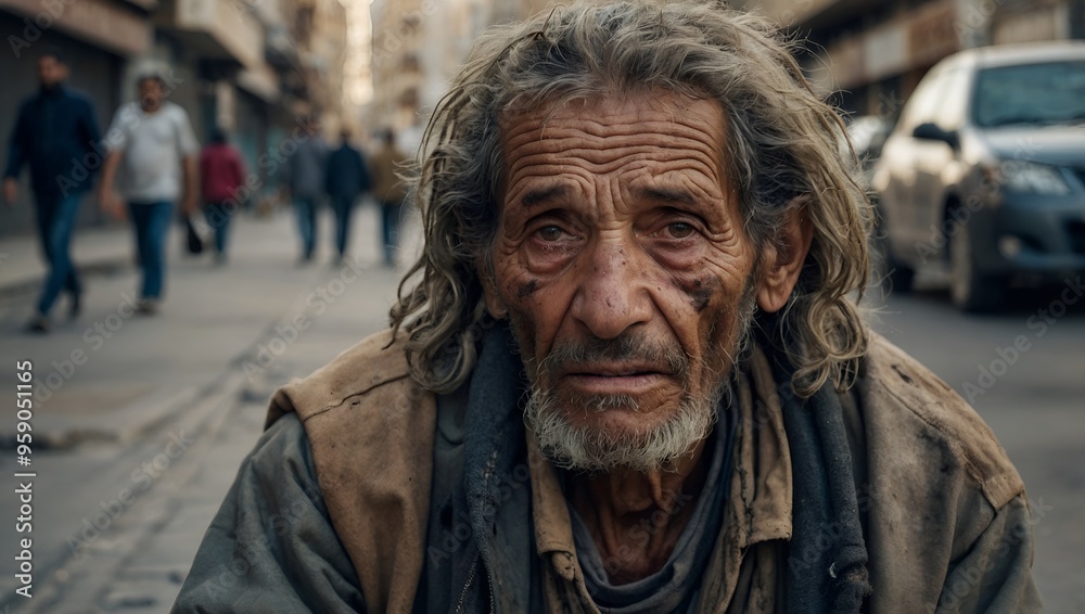 A weary and weathered homeless man gazes directly into the camera, his eyes reflecting the hardships of life on the streets, framed by the blurred backdrop of a bustling city. A weary and weathered homeless man gazes directly into the camera, his eyes reflecting the hardships of life on the streets, framed by the blurred backdrop of a bustling city.
