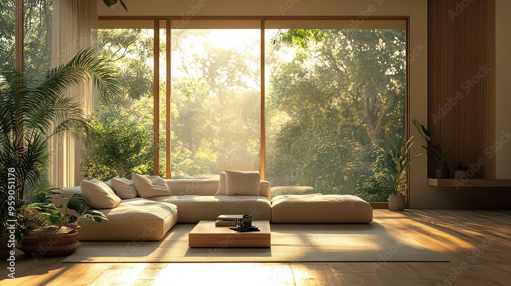 cozy living room bathed in golden sunlight with a large sectional sofa and lush green plants, offering a tranquil and inviting atmosphere.