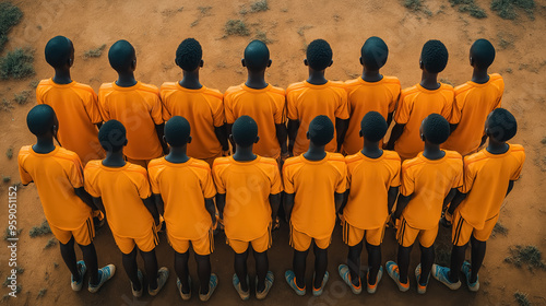 Group of children in matching orange uniforms stand in a formation, viewed from behind on a dusty field. The scene reflects unity, discipline, and anticipation. photo