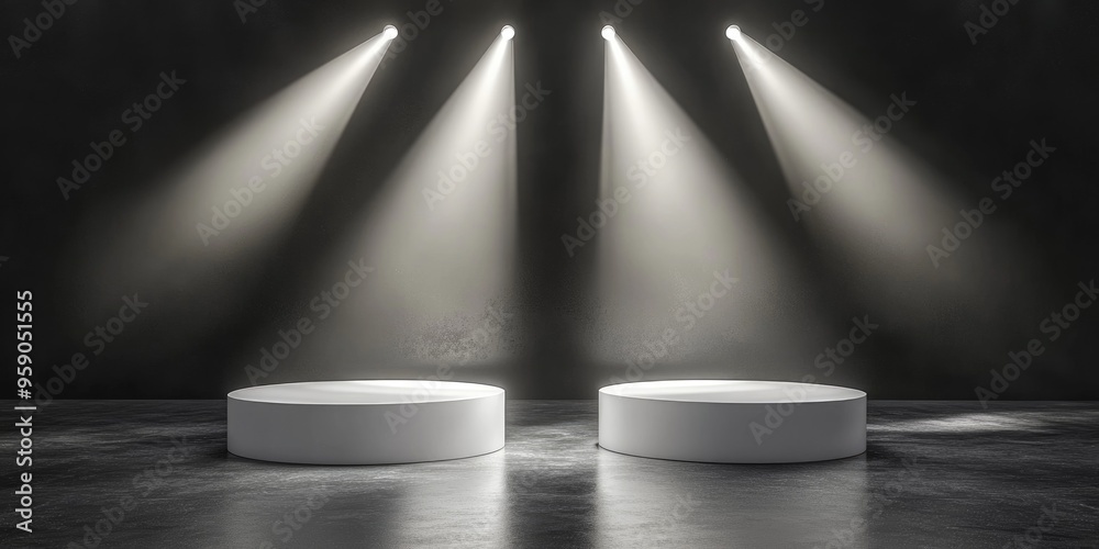 Two illuminated white podiums showcased under bright spotlights 3D rendering Two illuminated white podiums showcased under bright spotlights 3D rendering