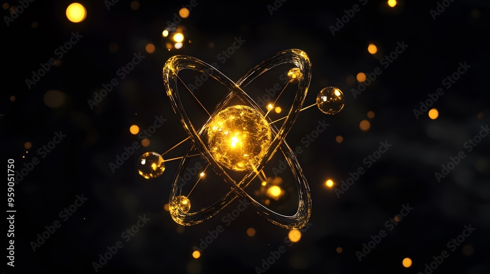 Gold Atom: An artistic depiction of a single gold atom, with golden electrons orbiting a central nucleus, against a black background.
Gold Atom: An artistic depiction of a single gold atom, with golden electrons orbiting a central nucleus, against a black background.