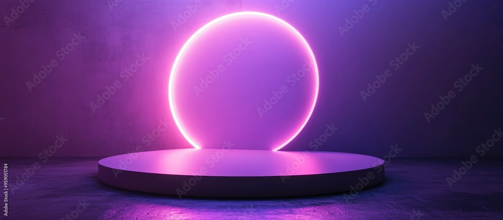 Minimalist 3D podium featuring a purple neon geometric backdrop for showcasing products Abstract geometric design with a vacant podium 3D render Minimalist 3D podium featuring a purple neon geometric backdrop for showcasing products Abstract geometric design with a vacant podium 3D render