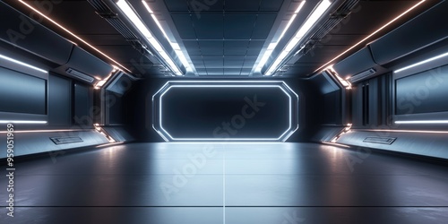 Futuristic interior featuring a vacant stage Contemporary background with a sci fi technological theme 3D rendering