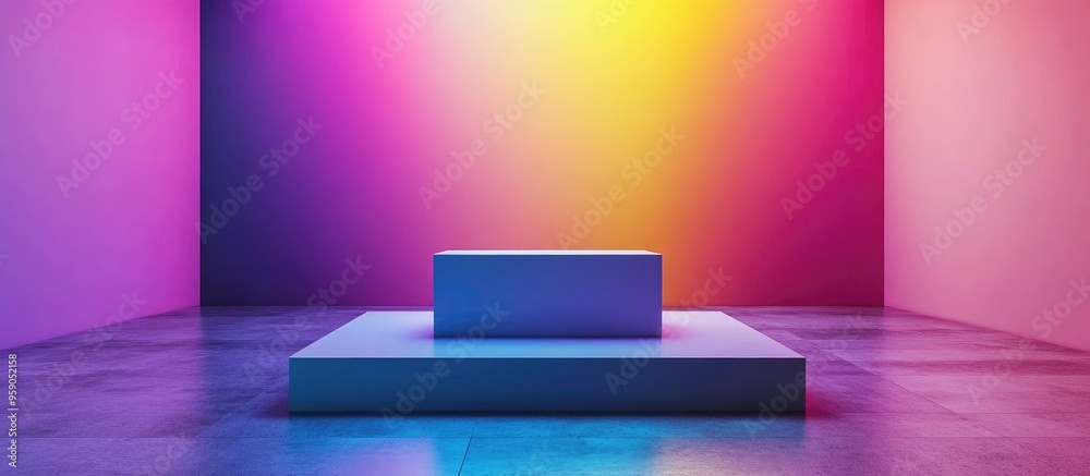 Vibrant gradient wall featuring shades of violet purple blue yellow and pink with a blank podium in a 3D rendering Vibrant gradient wall featuring shades of violet purple blue yellow and pink with a blank podium in a 3D rendering