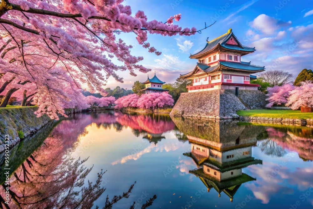 Vibrant pink petals blanket historic Hirosaki Castle during Japan's iconic cherry blossom festival, with delicate blooms reflected in tranquil moat waters beneath a soft blue sky. Vibrant pink petals blanket historic Hirosaki Castle during Japan's iconic cherry blossom festival, with delicate blooms reflected in tranquil moat waters beneath a soft blue sky.