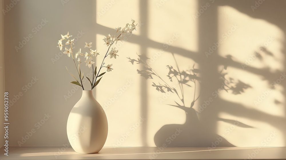 simple white vase with delicate flowers, placed by a sunlit window, casting soft shadows, creating a minimalist and serene setting. simple white vase with delicate flowers, placed by a sunlit window, casting soft shadows, creating a minimalist and serene setting.