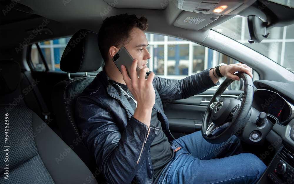 A person driving a car while using his cell phone A person driving a car while using his cell phone