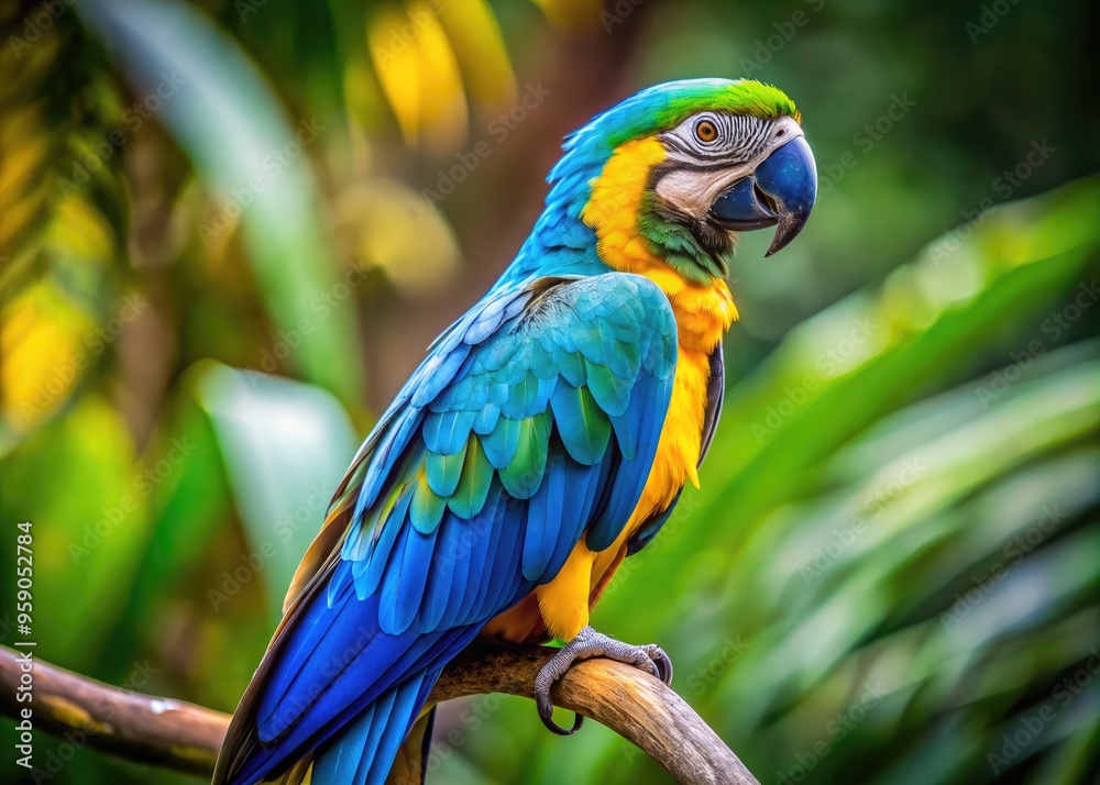 Vibrant plumage shines on a majestic parrot perched on a branch, showcasing radiant blues, greens, and yellows, with intricate feathers and a strong, curved beak. Vibrant plumage shines on a majestic parrot perched on a branch, showcasing radiant blues, greens, and yellows, with intricate feathers and a strong, curved beak.