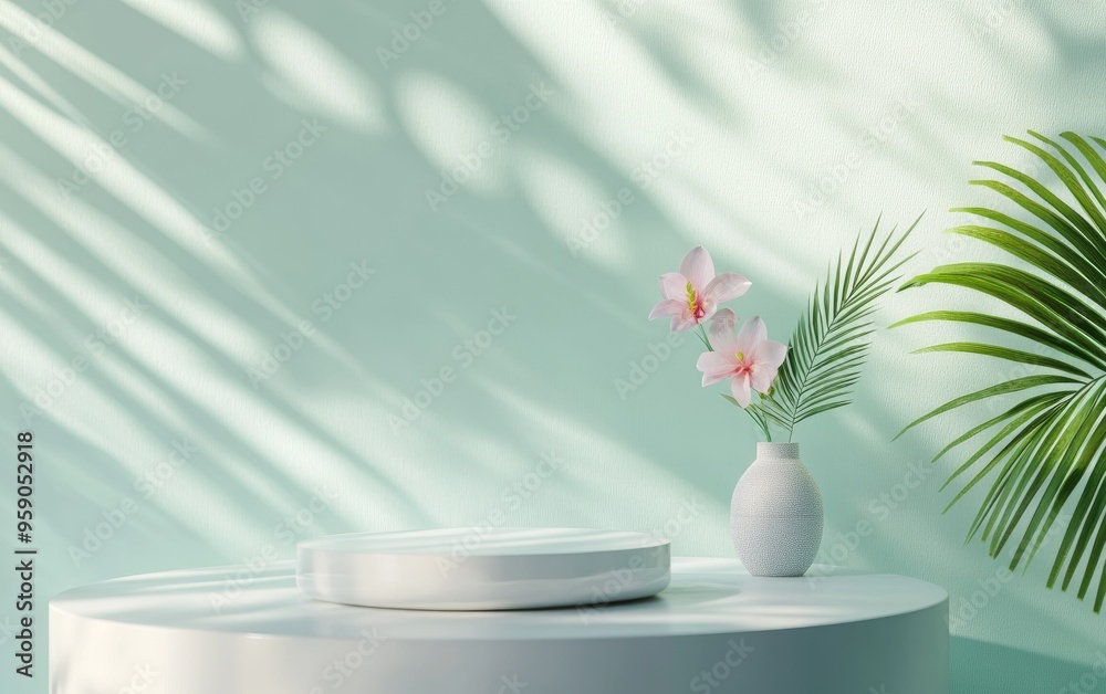 White podium against a pastel green and white backdrop featuring a flower vase and palm leaf Minimalist pedestal design for showcasing beauty and cosmetic products 3D render White podium against a pastel green and white backdrop featuring a flower vase and palm leaf Minimalist pedestal design for showcasing beauty and cosmetic products 3D render