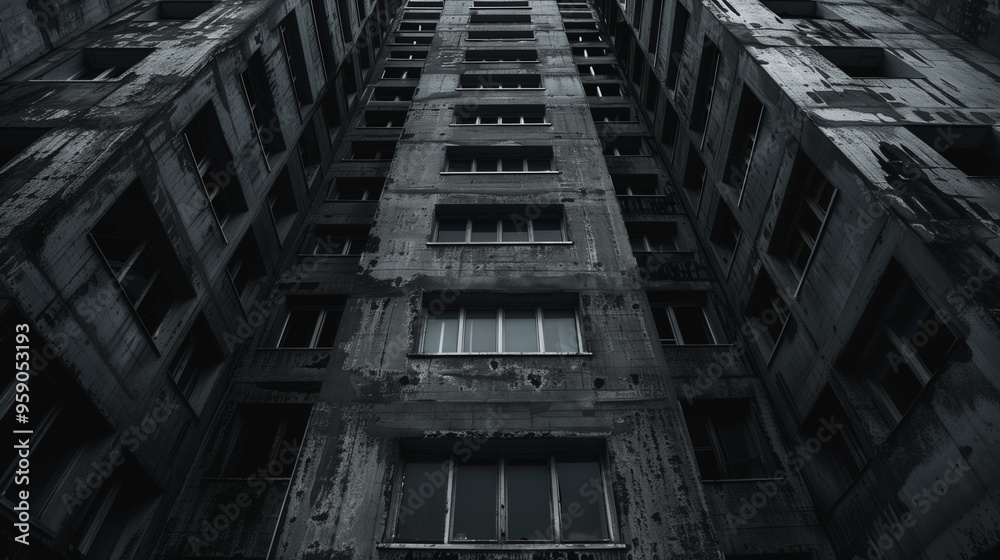 Looking up at an old, weathered concrete high-rise with dramatic, moody lighting and architectural details