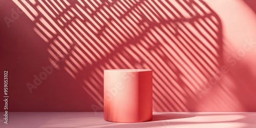 Minimalistic rose colored podium in studio lighting A single cylinder stands against a rose background featuring a diagonal lattice 3D rendering