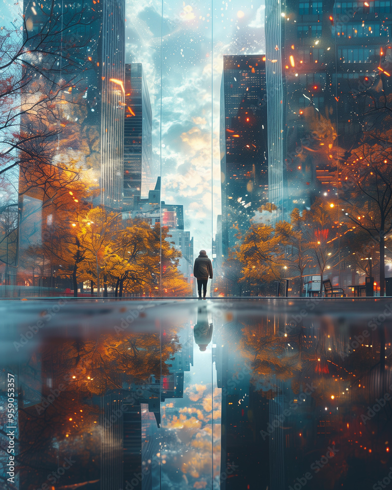 Fototapeta premium city in the night. Reflection of a lone figure in a futuristic urban environment, glass, cityscape, man, digital, networks, internet, artificial intelligence, solitude, human, city, urban reflection, 