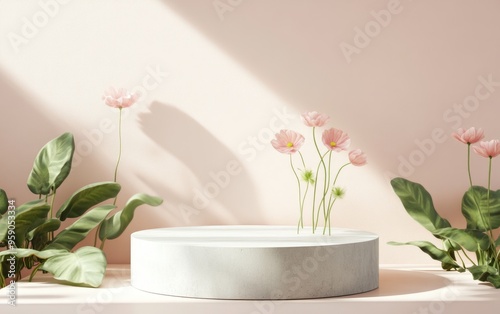 Premium podium and concrete stand on a soft pastel background featuring natural greenery leaves and poppy flowers Ideal mockup for exhibitions and product presentations 3D render Minimalistic disp photo