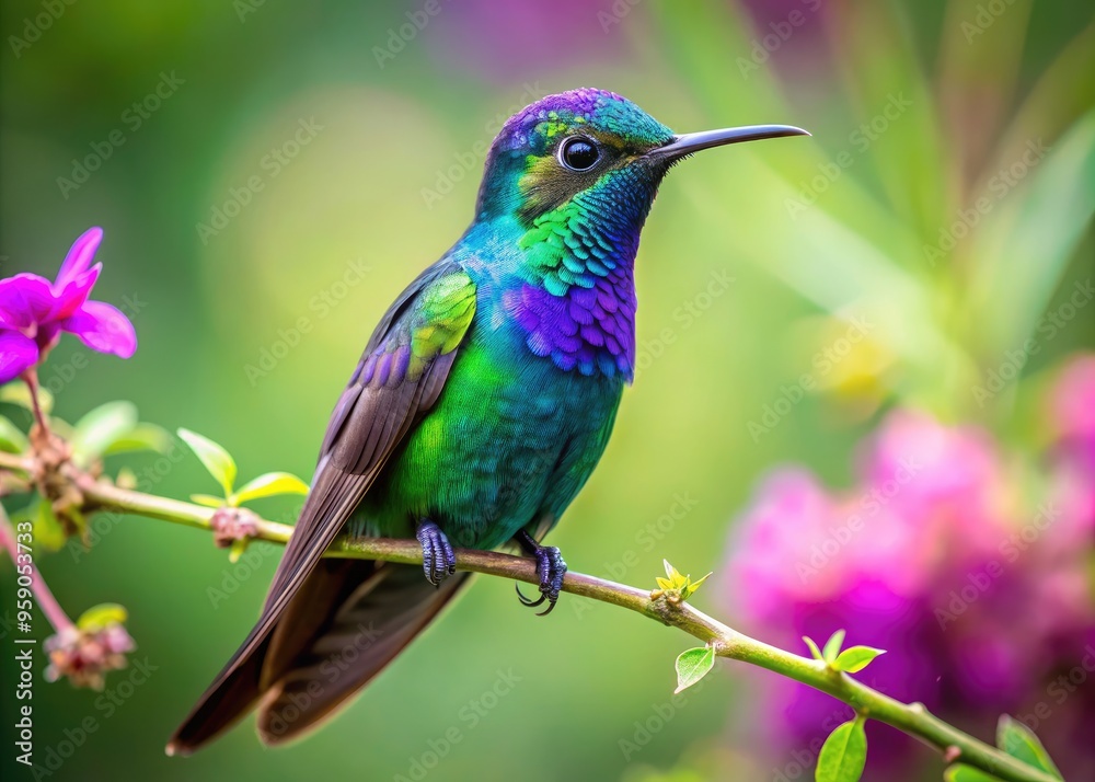 Vibrant purple hummingbird with iridescent feathers perched on a delicate flower branch against a soft, blurred green background, perfect for a tropical phone wallpaper. Vibrant purple hummingbird with iridescent feathers perched on a delicate flower branch against a soft, blurred green background, perfect for a tropical phone wallpaper.