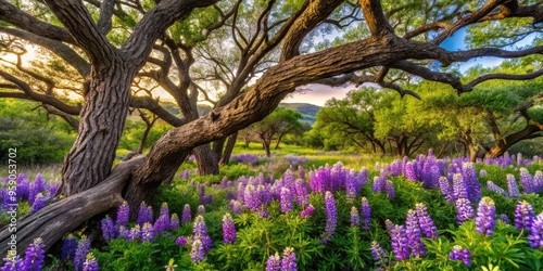 Vibrant purple flowers of Texas mountain laurel trees bloom amidst twisted trunks and rustic branches, surrounded by lush green foliage in a serene hill country landscape. photo