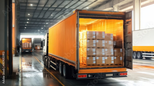 A truck with an open trailer door, inside of which are stacked pallets of boxes and an orange body color. T photo