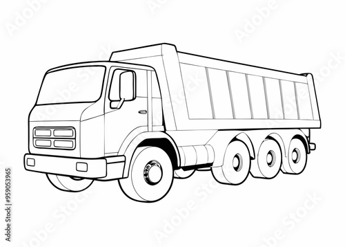 Cartoon dump truck outline for coloring, playful design, fun activity, copy space