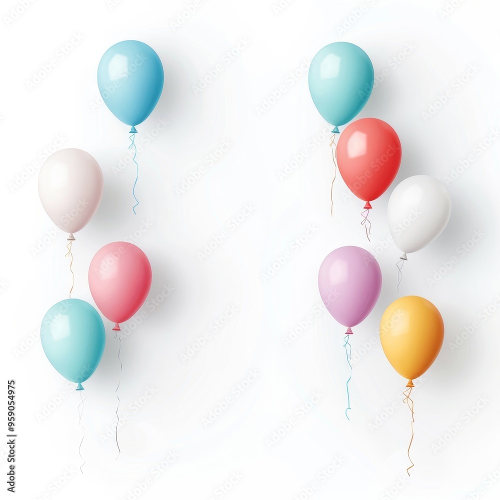 Floating balloons, event element, minimalist vector design, bright hues, isolated on white background
