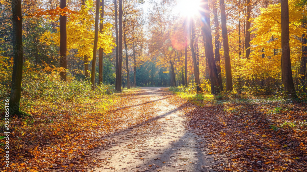 A charming park in autumn with vibrant fall colors, a peaceful walking trail covered in leaves, and sunlight filtering through the trees. A charming park in autumn with vibrant fall colors, a peaceful walking trail covered in leaves, and sunlight filtering through the trees.