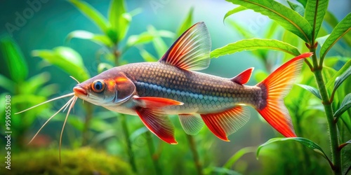 Vibrant redtail catfish swims amidst lush green aquatic plants in a serene freshwater aquarium, its vibrant orange tail glowing against a soft blue background. photo