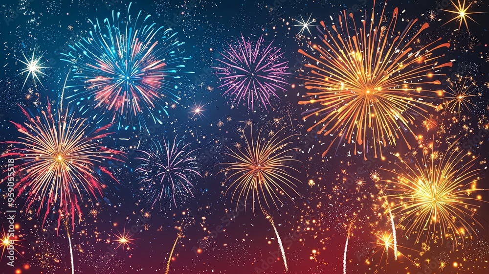 This image captures an energetic and colorful celebration with radiant bursts of fireworks of various colors illuminating the dark night sky in mesmerizing patterns. This image captures an energetic and colorful celebration with radiant bursts of fireworks of various colors illuminating the dark night sky in mesmerizing patterns.