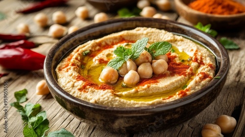 Hummus with mint, olive oil, and paprika