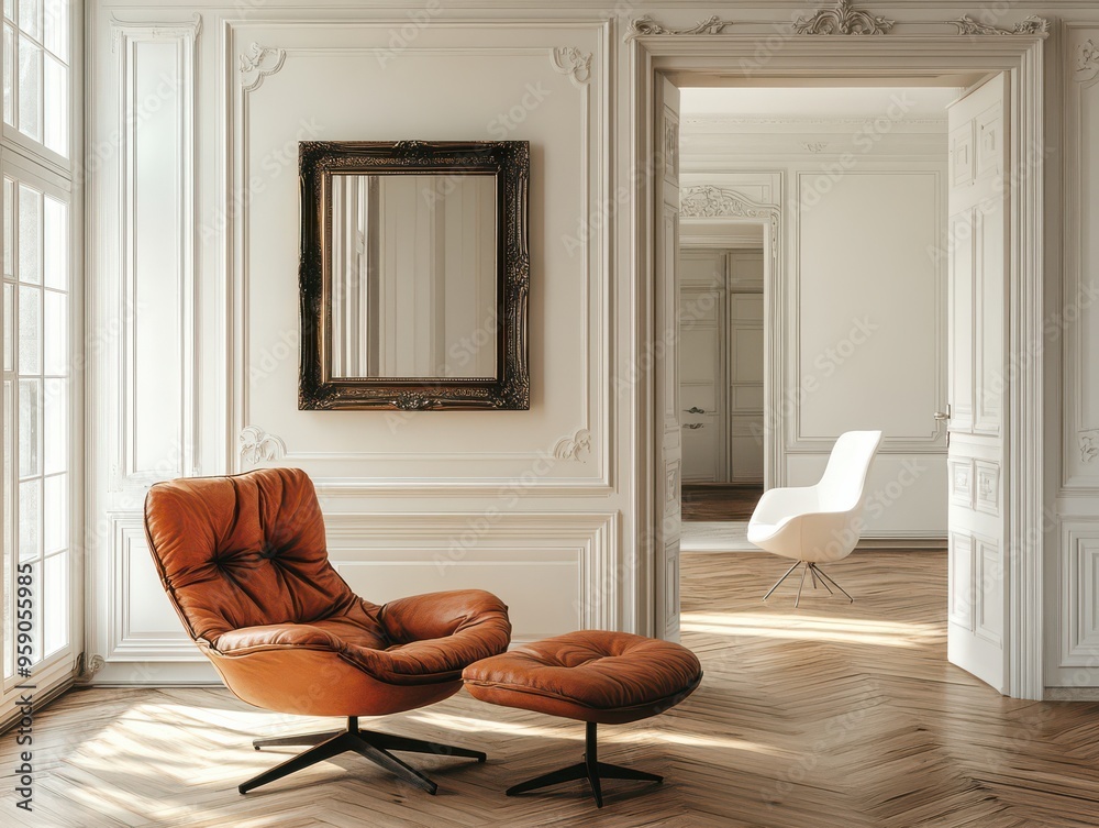 Fototapeta premium Elegant Interior with Classic Paneling and Rustic Mirror