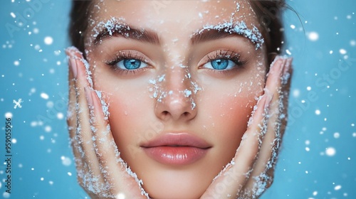 Young woman with flawless skin and blue background adorned with snow