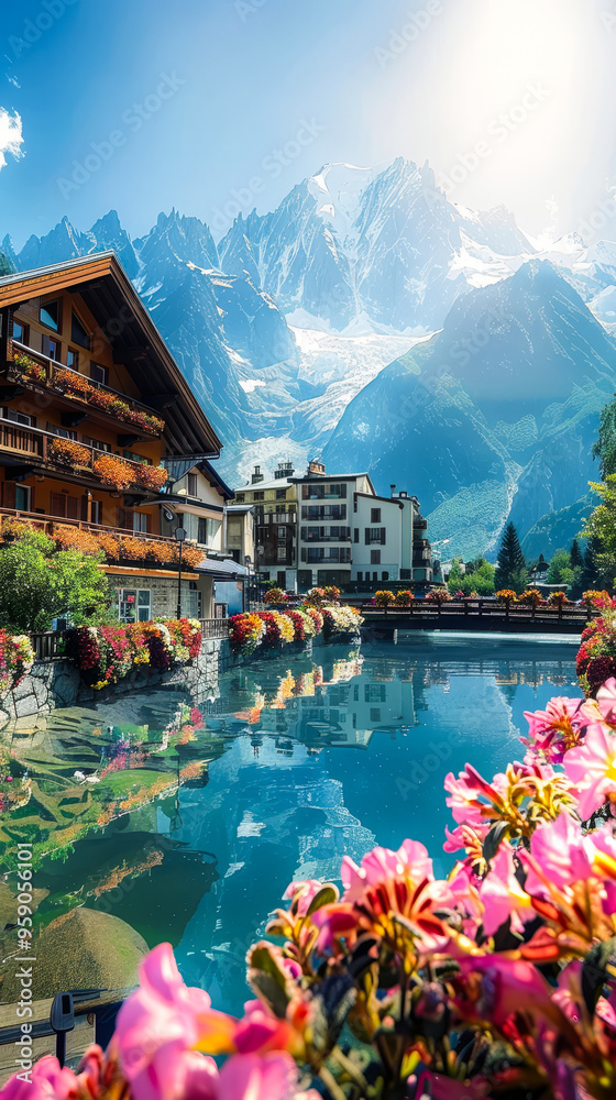 Obraz premium Scenic Chamonix France Alps with Charming Chalets, Flowering Balcony Gardens, and Majestic Snow-Capped Mountains Reflected in Tranquil Water on Sunny Summer Day