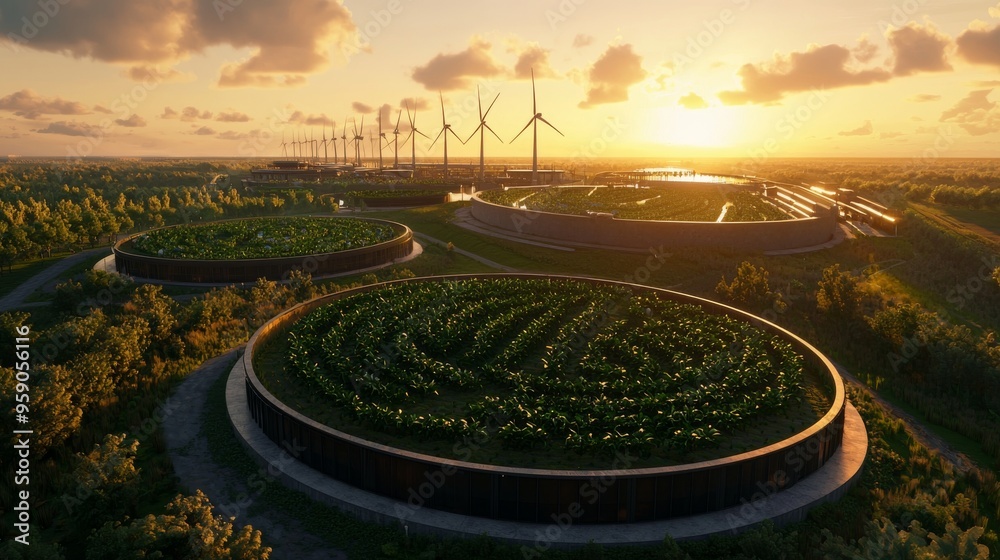 Fototapeta premium Aerial view of a futuristic sustainable city with wind turbines and circular buildings covered in greenery at sunset.