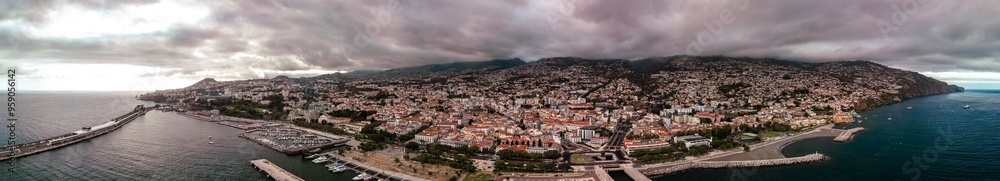 Drone aerial panoramic photography of Funchal City, the capital and largest city on the Madeira Island, Portugal Drone aerial panoramic photography of Funchal City, the capital and largest city on the Madeira Island, Portugal