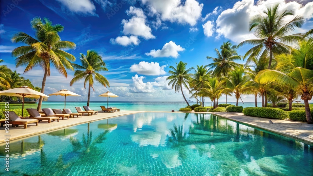 Vibrant seaside resort with turquoise pool, sun loungers, and palm trees surrounded by crystal-clear waters and powdery white sand under a brilliant blue sky. Vibrant seaside resort with turquoise pool, sun loungers, and palm trees surrounded by crystal-clear waters and powdery white sand under a brilliant blue sky.