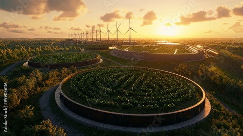 Aerial view of a futuristic sustainable city with wind turbines and circular buildings covered in greenery at sunset. photo