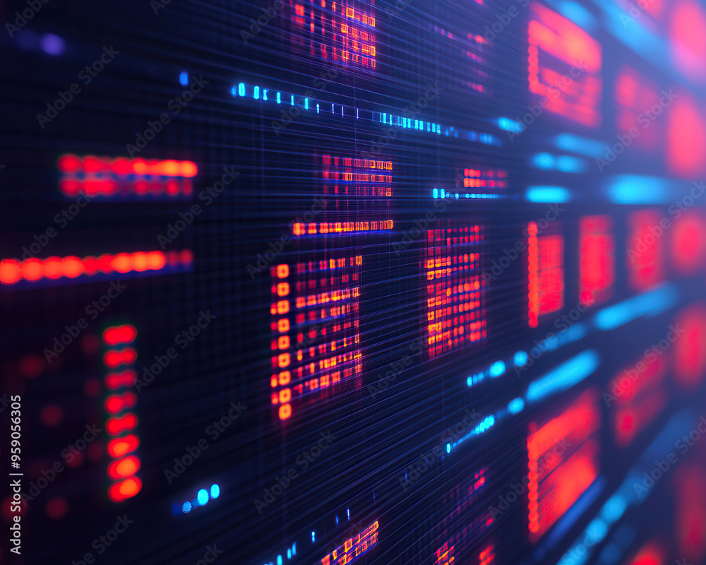 A vibrant digital display featuring red and blue pixelated patterns, symbolizing technology and data visualization.
