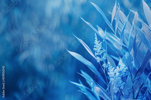 Surreal giant reed arundo donax with blue leaves and flowers on an open background for text photo