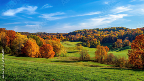 A scenic autumn landscape featuring rolling hills covered in vibrant fall foliage and a clear blue sky overhead.