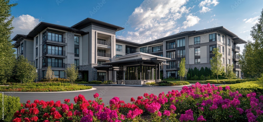 Modern Residential Building with Lush Gardens and Circular Driveway Modern Residential Building with Lush Gardens and Circular Driveway