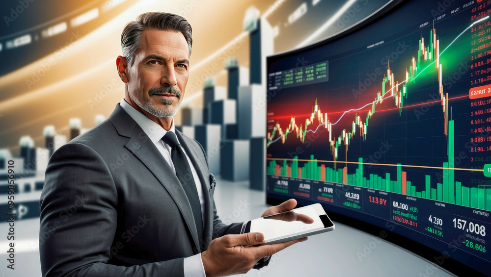 A confident businessman monitors stock market charts, representing financial analysis and trading