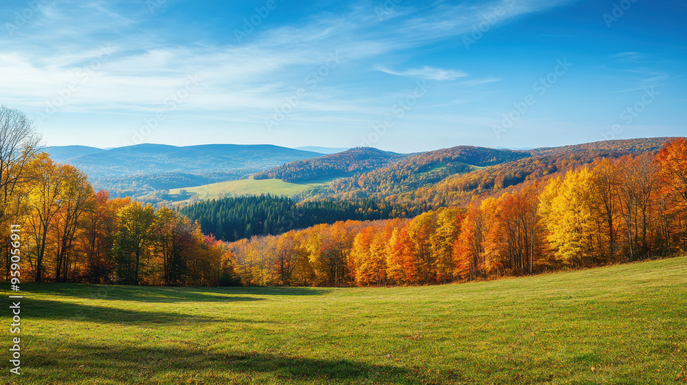 Fototapeta premium A scenic autumn landscape featuring rolling hills covered in vibrant fall foliage and a clear blue sky overhead.