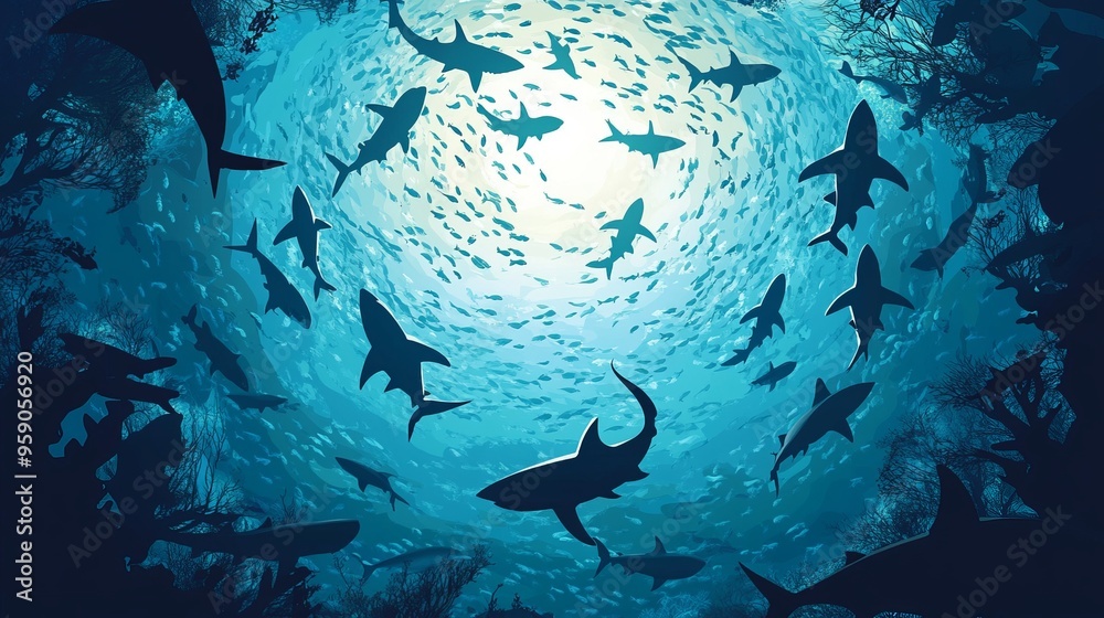 Obraz premium An underwater sea landscape from a bottom view, featuring sharks and shoals of fish. 